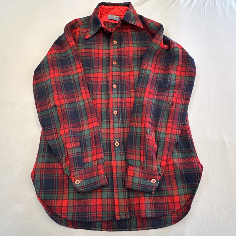 Vtg Pendleton Flannel Lodge Shirt Mens Small Green Red Plaid Wool USA Flaws 1970